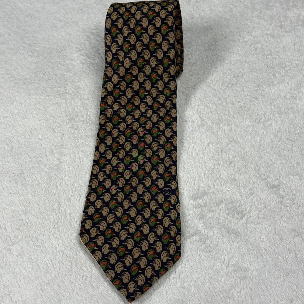 Vintage Gucci Silk Tie Mens Navy Blue Mallard Duck Head Interlocking G Italy